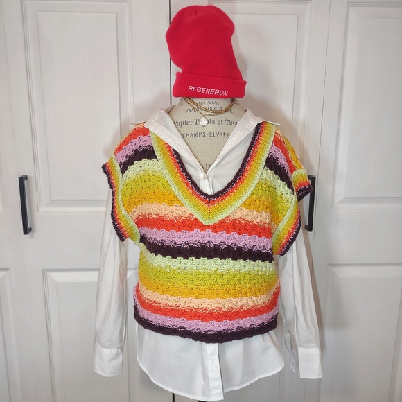 NWOT Free People| Summer Daze Sweater Vest| Yellows, Peach, Lilac, Plum| Sz Med - Picture 2 of 5